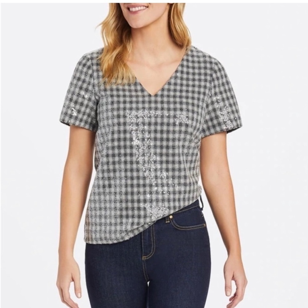 NWT Draper James Collection Plaid Sequin V-neck Top Black/White Size Small